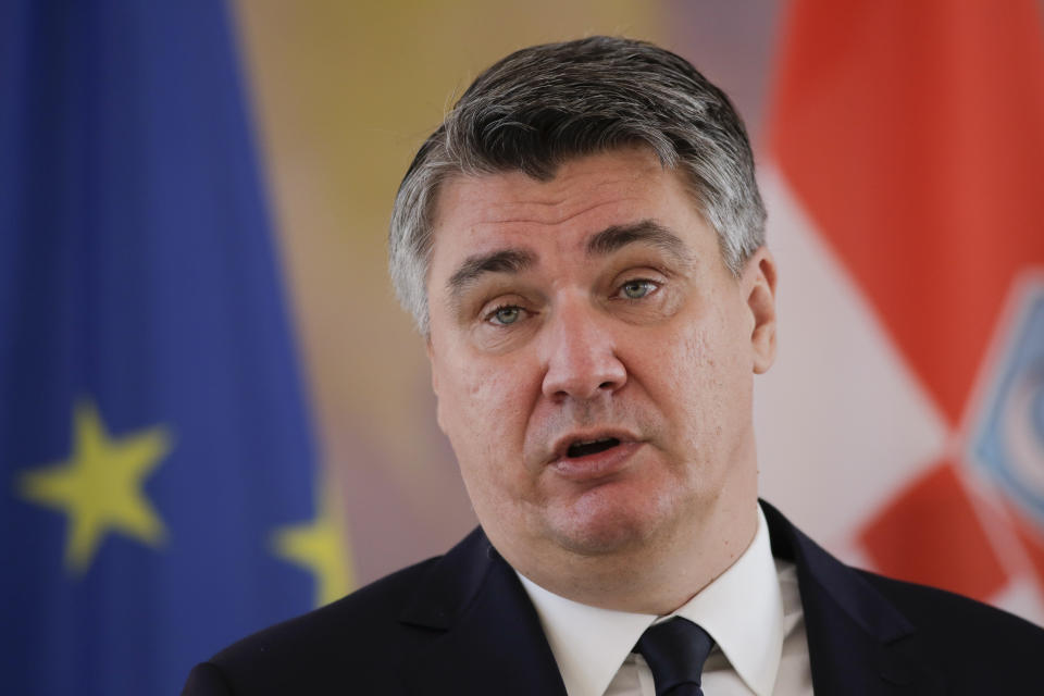 FILE - Croatia's President Zoran Milanovic attends a news conference with German President Frank-Walter Steinmeier during a meeting at the Bellevue Palace in Berlin, Germany, on Sept. 11, 2020. Milanovic cannot run for prime minister nor take part in the upcoming parliamentary election nor campaign in favor of an opposition party unless he resigns immediately from the current post, the state’s constitutional court ruled Monday, March 18, 2024. (AP Photo/Markus Schreiber, File)