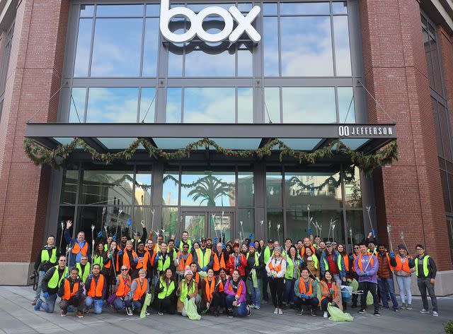 <p>Box</p> Boxers in the Redwood City, Calif., office prepare to do a beach clean up as part of the company's 2023 Global Impact Day, a day dedicated to giving back and making a positive difference in their communities.