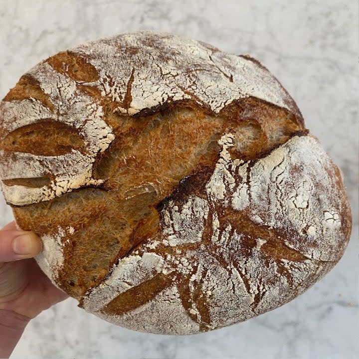 A freshly baked sourdough boule