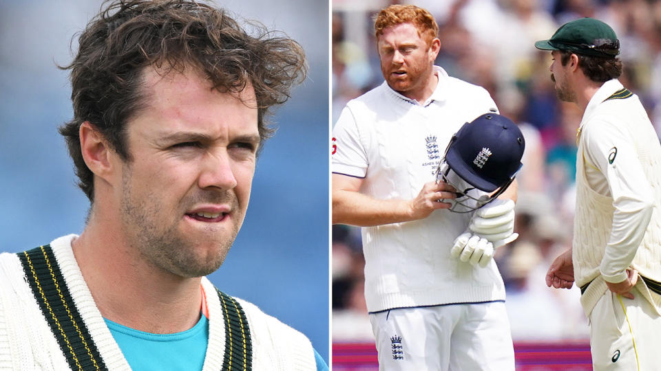 Travis Head is pictured left, and is seen in discussions on-field with Jonny Bairstow on the right.