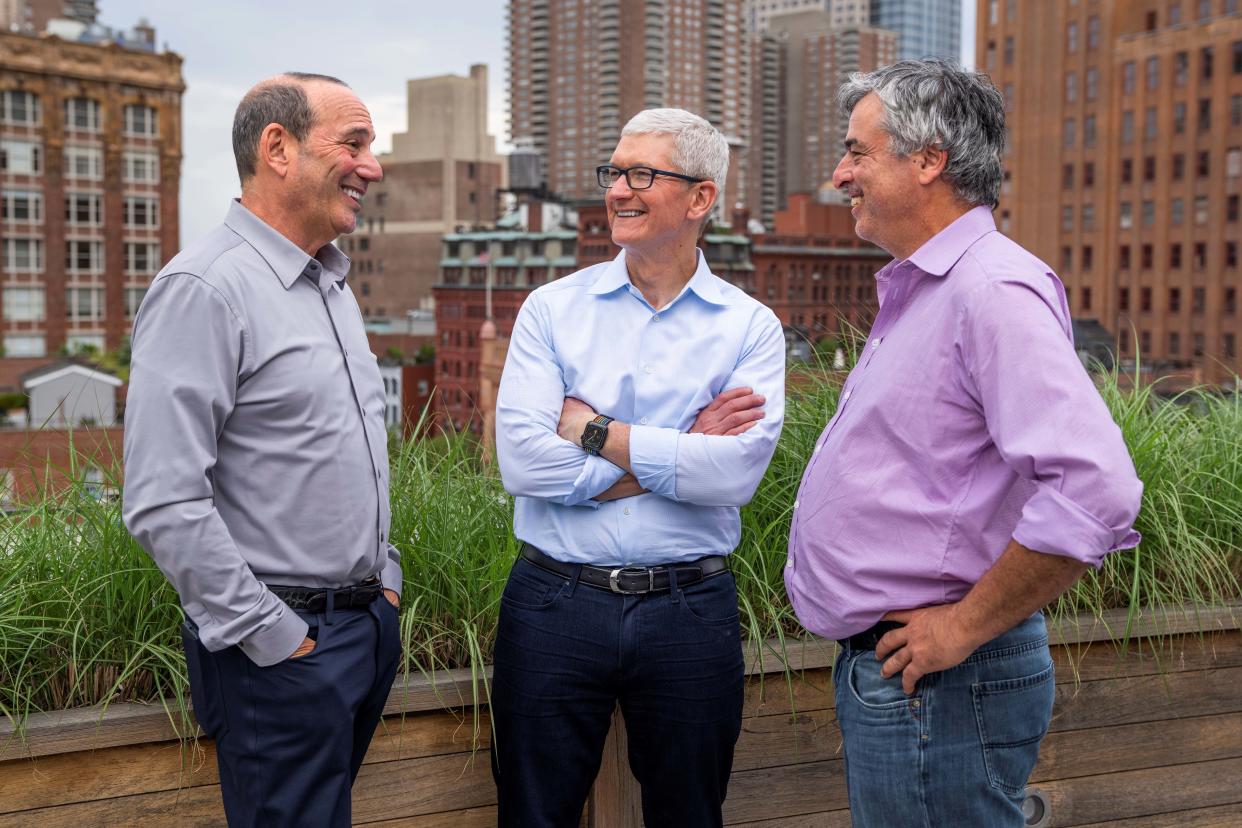 MLS commissioner Don Garber talks with Apple CEO Tim Cook and SVP of Services Eddy Cue on June 14, 2022 in New York. (Photo:Apple Inc. via USA TODAY Sports)