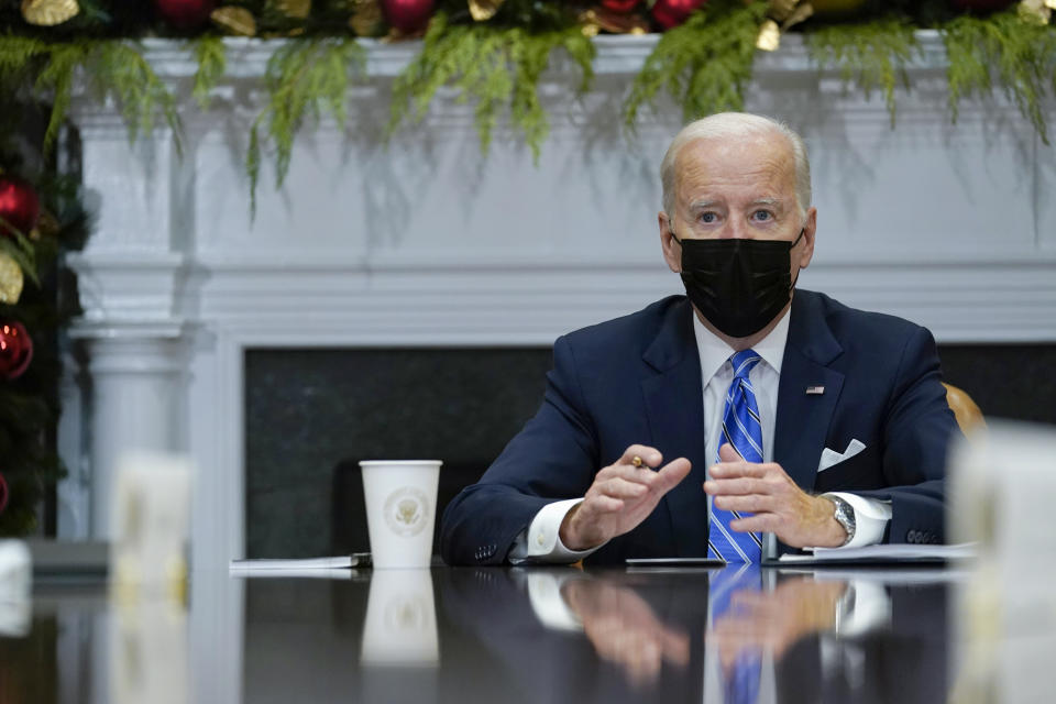 President Joe Biden speaks as he meets with members of the White House COVID-19 Response Team in the Roosevelt Room of the White House in Washington, Thursday, Dec. 16, 2021. (AP Photo/Susan Walsh)