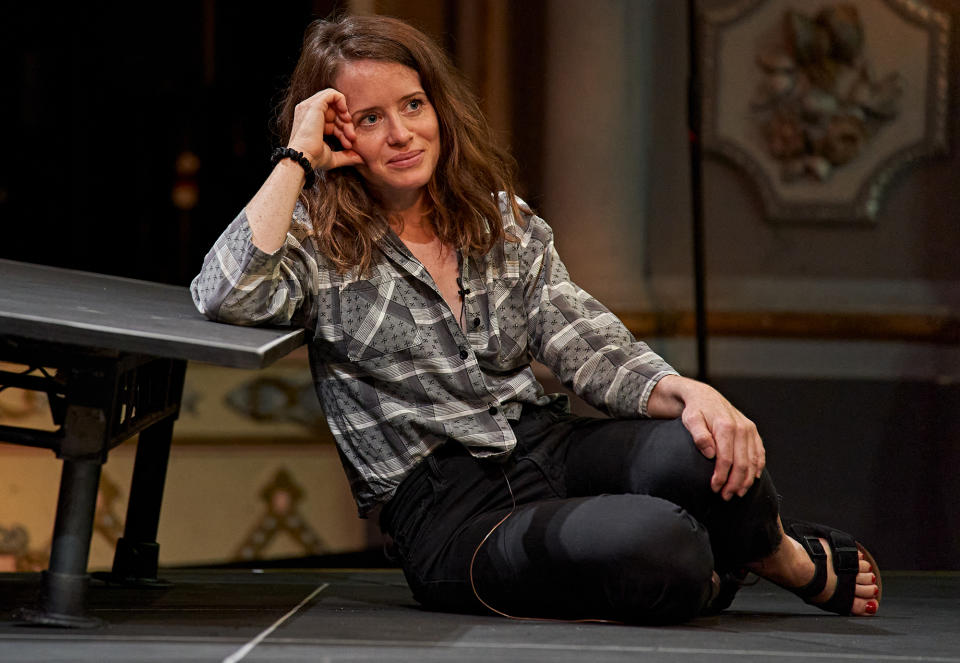 <p>Claire Foy takes part in a socially distanced dress rehearsal of <i>Lungs</i> at The Old Vic Theatre on Wednesday in London. The live performances are scheduled to take place via Zoom beginning June 26. </p>