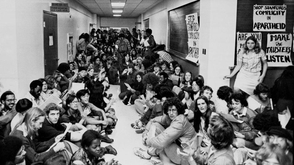 Some of the 400 students occupied the Old Student Union at Stanford University in San Jose, California, on May 9, 1977, to protest the school's investment holdings in companies that do business with apartheid South Africa. Later scores of students were arrested. - AP