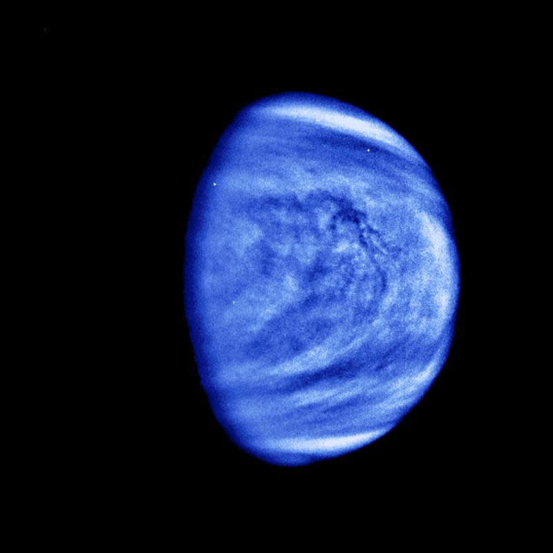 The planet Venus is seen in this photograph taken by the Galileo spacecraft’s Solid State Imaging System