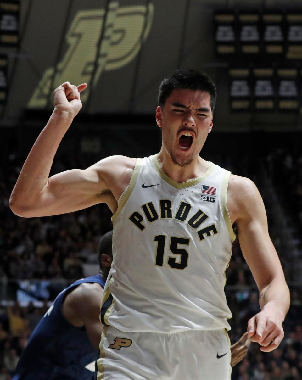 Purdue Boilermakers center Zach Edey (15) celebrates after scoring during the NCAA men’s basketball game against the Xavier Musketeers, Monday, Nov. 13, 2023, at Mackey Arena in West Lafayette, Ind. Purdue Boilermakers won 83-71.