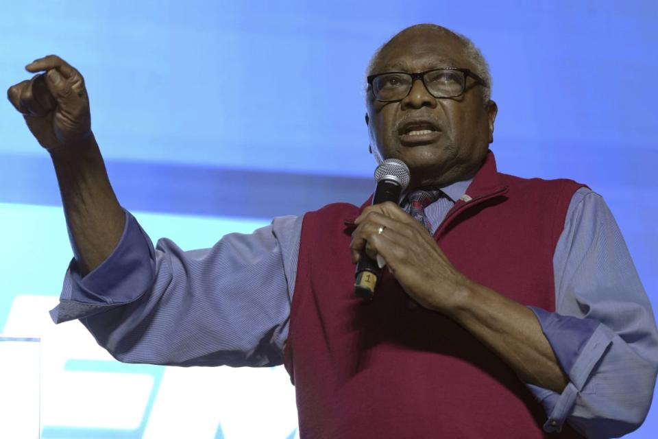 Rep. Jim Clyburn, D-S.C., gives a speech nominating Christale Spain to serve as the next chair of the South Democratic Party during the party’s convention on April 29, 2023, in Columbia, South Carolina. (AP Photo/Meg Kinnard)