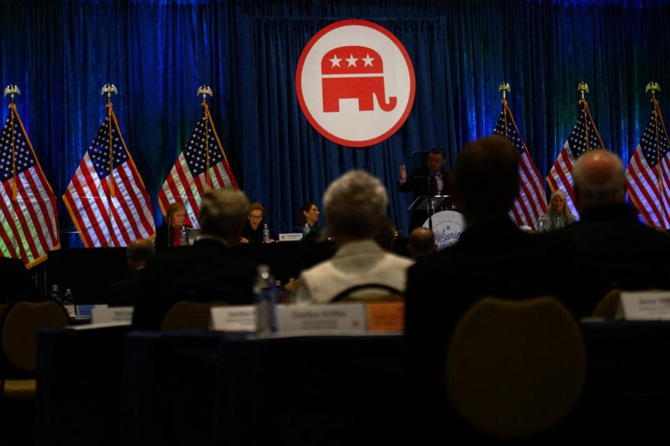PHOTO: The logo for the Republican National Committee during the Republican National Committee spring meeting in Houston, Texas, on  March 8, 2024.  (Callaghan O'Hare/Bloomberg via Getty Images)