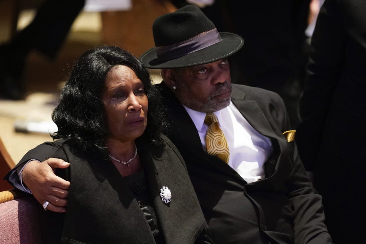 RowVaughn Wells cries as she and her husband Rodney Wells attend the funeral service for her son Tyre Nichols at Mississippi Boulevard Christian Church in Memphis, Tenn., on Wednesday, Feb. 1, 2023. (Andrew Nelles/The Tennessean via AP, Pool)