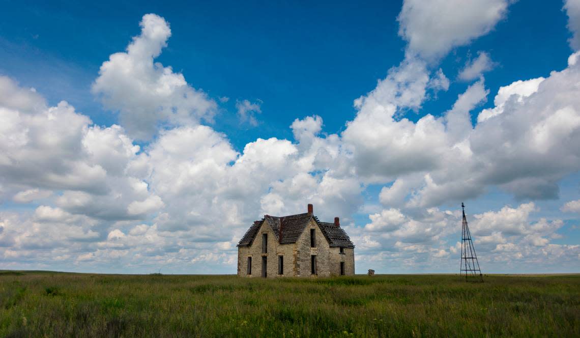 An abandoned limestone farmhouse built in the 1870’s still stands in a field southeast of Florence.