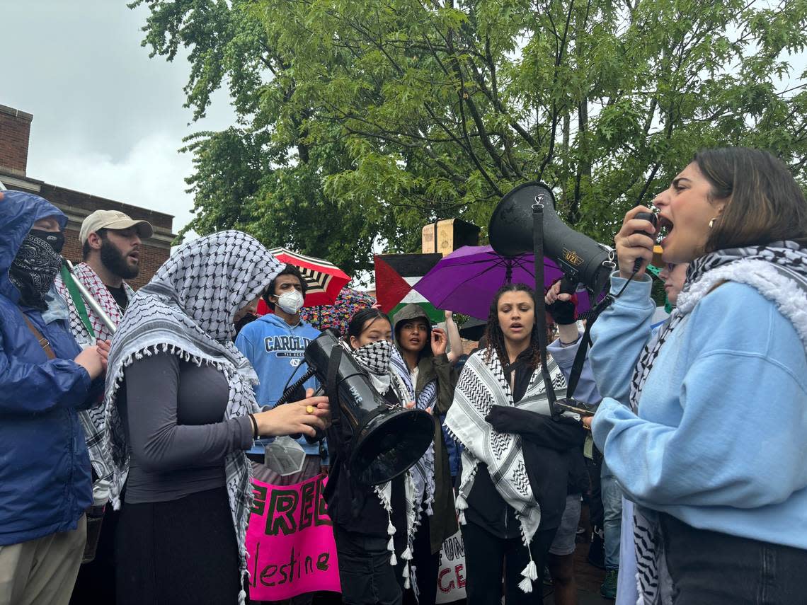 Protestors lead chants on Franklin Street in Chapel Hill on May 5, 2024 during a rally in support of Palestine. Brian Gordon /bgordon@newsobserver.com