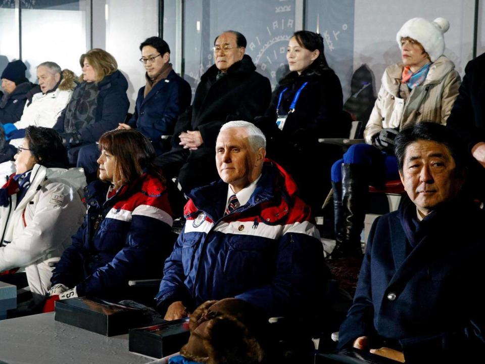 Mike Pence (front 2nd right) sits just feet from Kim Jong-un's sister Kim Yo-jong (back 2nd right) (AFP/Getty)