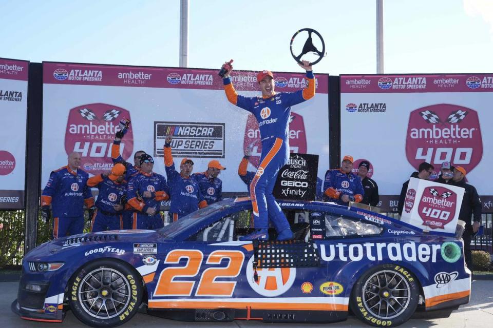 Mar 19, 2023; Hampton, Georgia, USA; NASCAR Cup Series driver Joey Logano (22) celebrates in Victory Lane at Atlanta Motor Speedway. Mandatory Credit: David Yeazell-USA TODAY Sports David Yeazell/David Yeazell-USA TODAY Sports