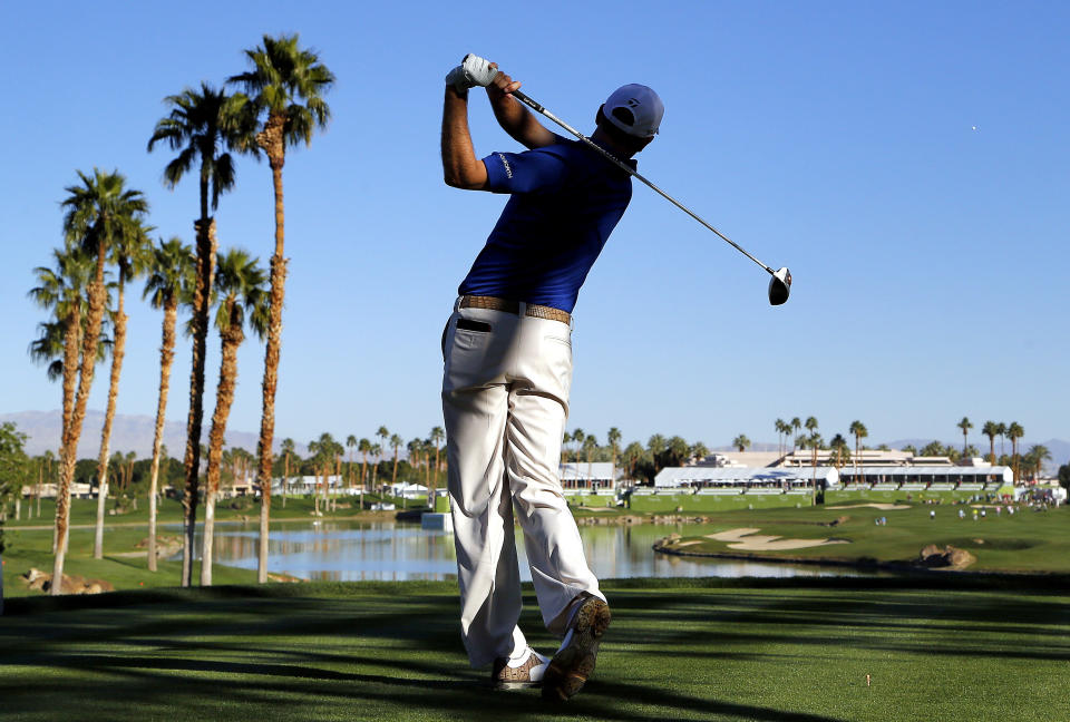 Brendon Todd hits on the 18th tee during the second round of the Humana Challenge PGA golf tournament on the Palmer Private course at PGA West, Friday, Jan. 17, 2014, in La Quinta, Calif. (AP Photo/Matt York)