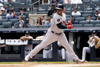 Boston Red Sox's Rafael Devers avoids a pitch during the first inning of a baseball game against the New York Yankees, Sunday, July 17, 2022, in New York. (AP Photo/Julia Nikhinson)