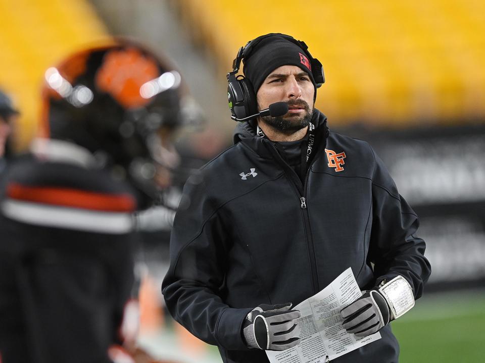 Beaver Falls' coach Nick Nardone looks at the scoreboard during the WPIAL Class 2A championship game, Friday at Heinz Field.