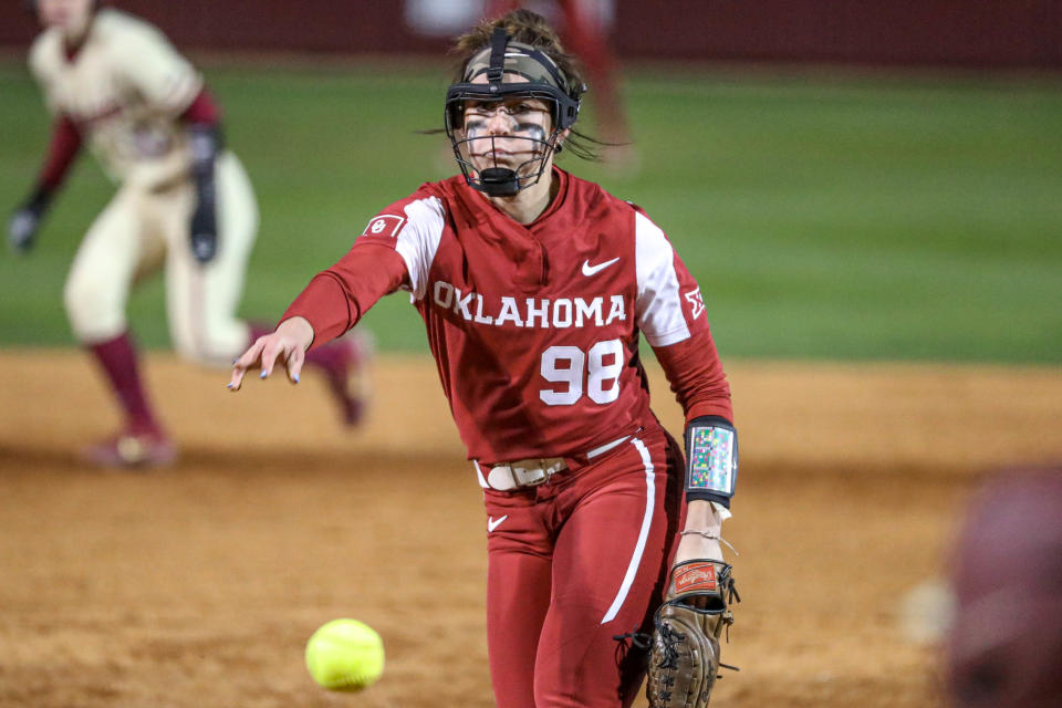 OU's Jordy Bahl (98) pitches during a 5-4 win against Florida State on March 14 at Marita Hynes Field in Norman.