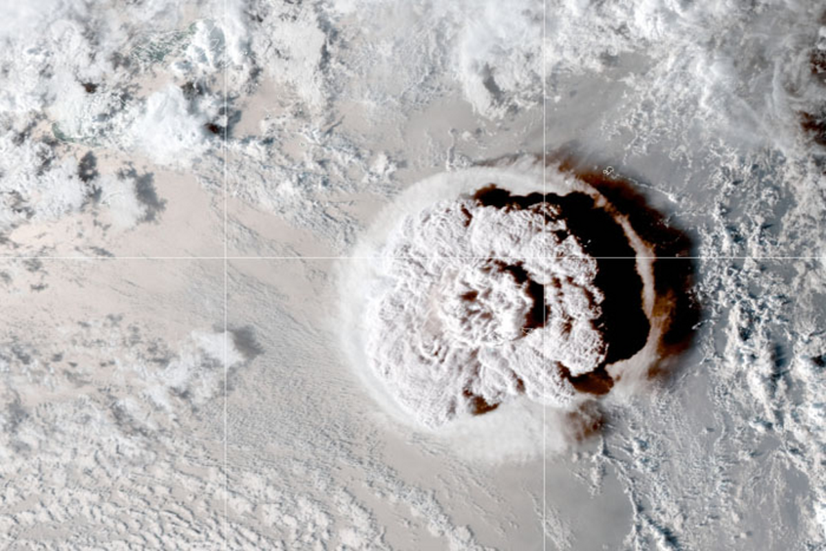 The Hunga Tonga-Hunga Ha’apai submarine volcano erupts on 15 January, 2022 (NOAA and the National Environmental Satellite, Data, and Information Service (NESDIS))