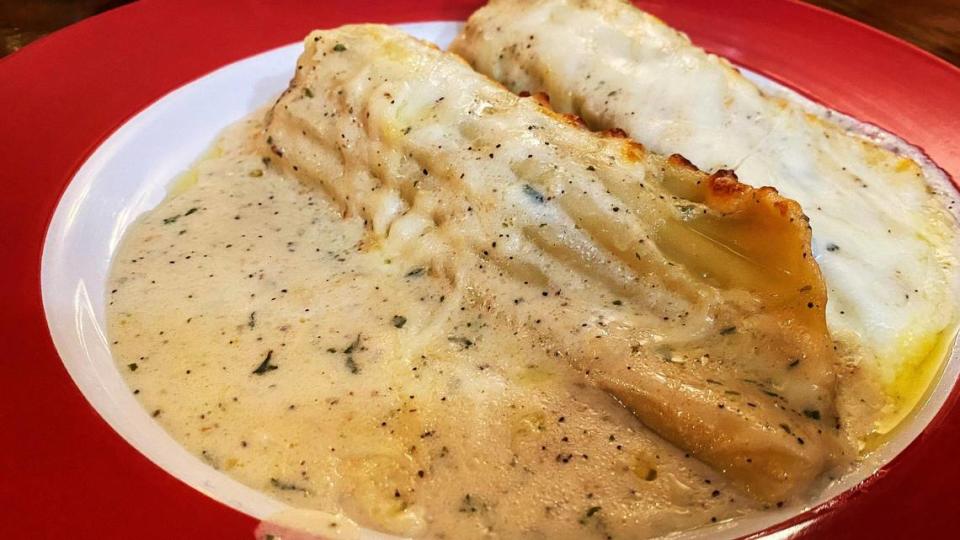Baked Cannelloni at Paisano’s Italian Restaurant & Lounge is stuffed with chicken, spinach and ricotta cheese before being finished with mozzarella cheese.