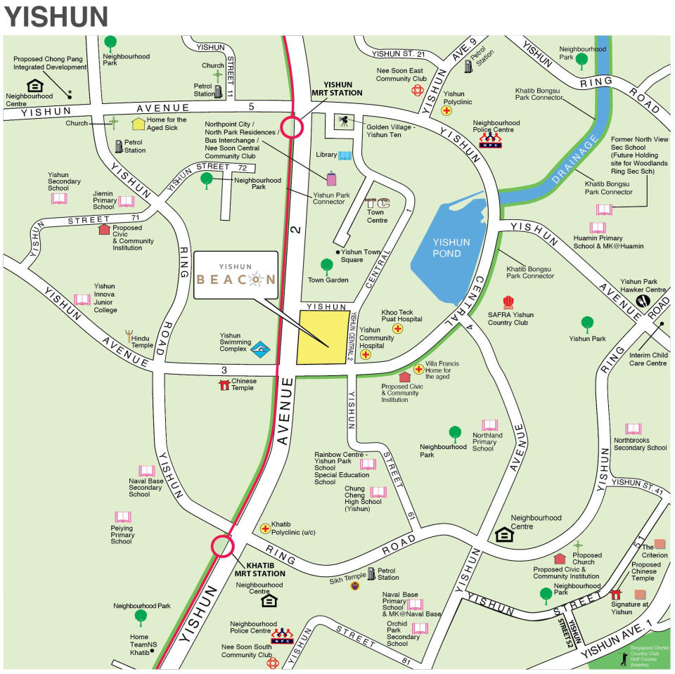 Location of Yishun Beacon May 2022 Yishun BTO flats, bounded by Yishun Central 1 and Yishun Avenue 2. Source: HDB