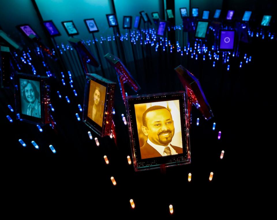 A photo of Ethiopian Prime Minister Abiy Ahmed is on display at the Nobel Peace Center in Oslo, Norway, recognizing winners of the Nobel Peace Prize. <a href="https://www.gettyimages.com/detail/news-photo/picture-of-the-2019-nobel-peace-prize-laureate-ethiopian-news-photo/1175337675?adppopup=true" rel="nofollow noopener" target="_blank" data-ylk="slk:Stan Lysberg Solum/NTB Scanpix/AFP via Getty Images;elm:context_link;itc:0;sec:content-canvas" class="link ">Stan Lysberg Solum/NTB Scanpix/AFP via Getty Images</a>