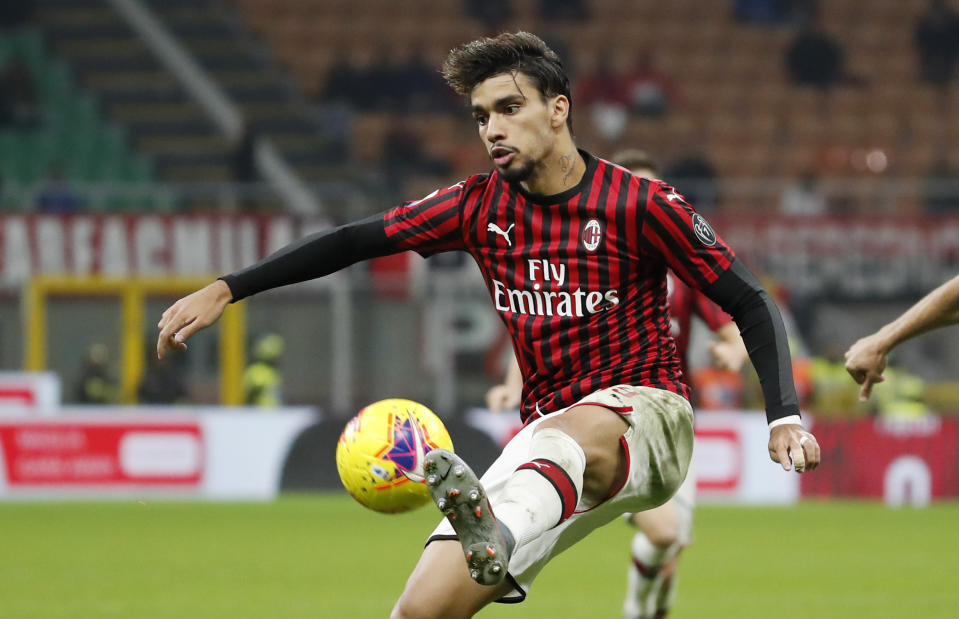 AC Milan's Lucas Paqueta controls the ball during the Serie A soccer match between AC Milan and Lazio at the San Siro stadium, in Milan, Italy, Sunday, Nov. 3, 2019. (AP Photo/Antonio Calanni)