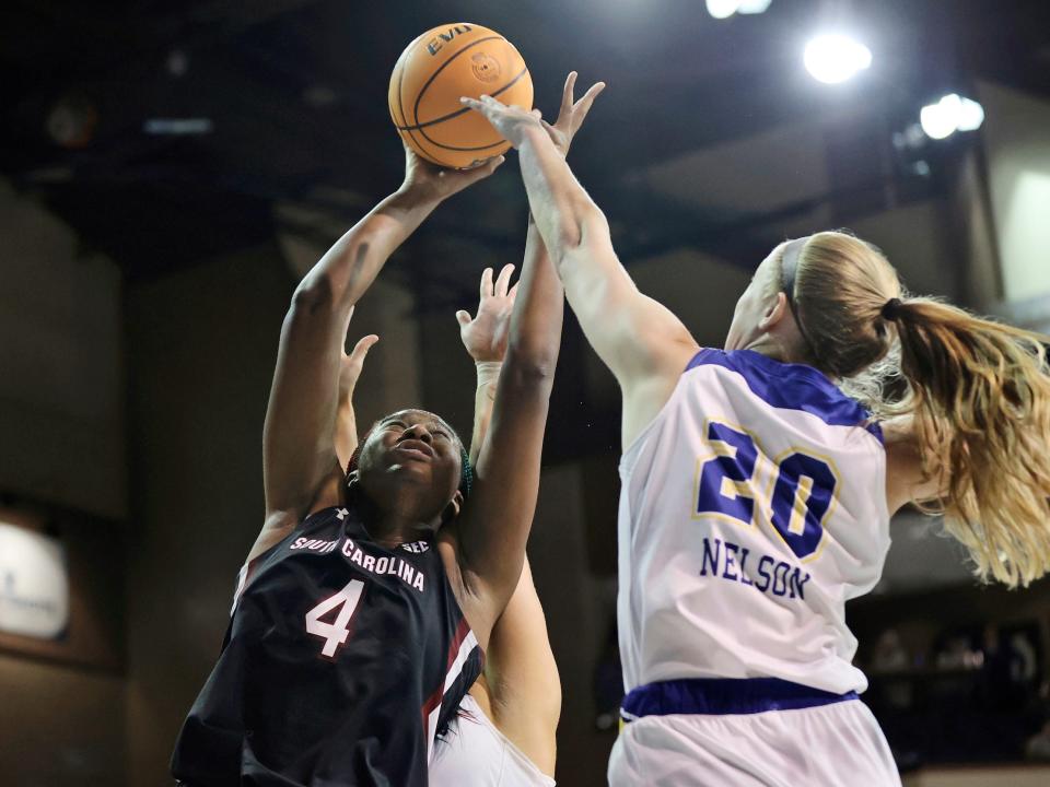 Aliyah Boston goes up for a shot against South Dakota State.