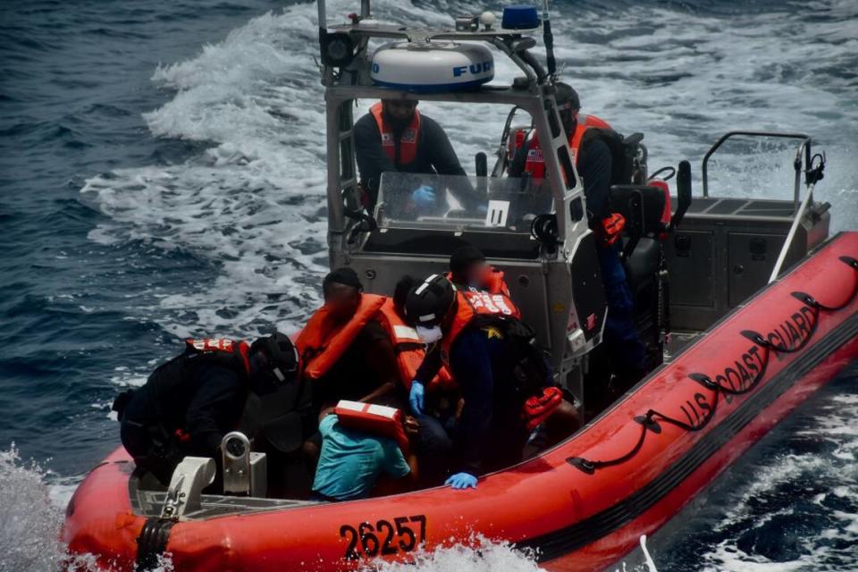 Coast Guard Cutter Winslow Griesser rescues 48 Haitian migrants stranded on Monito Cay, Puerto Rico, in the Mona Passage on Aug. 12, 2021. The migrants were transported to Mayaguez, Puerto Rico, where they transferred to U.S. Border Patrol custody and were assisted by Emergency Medical Service personnel.