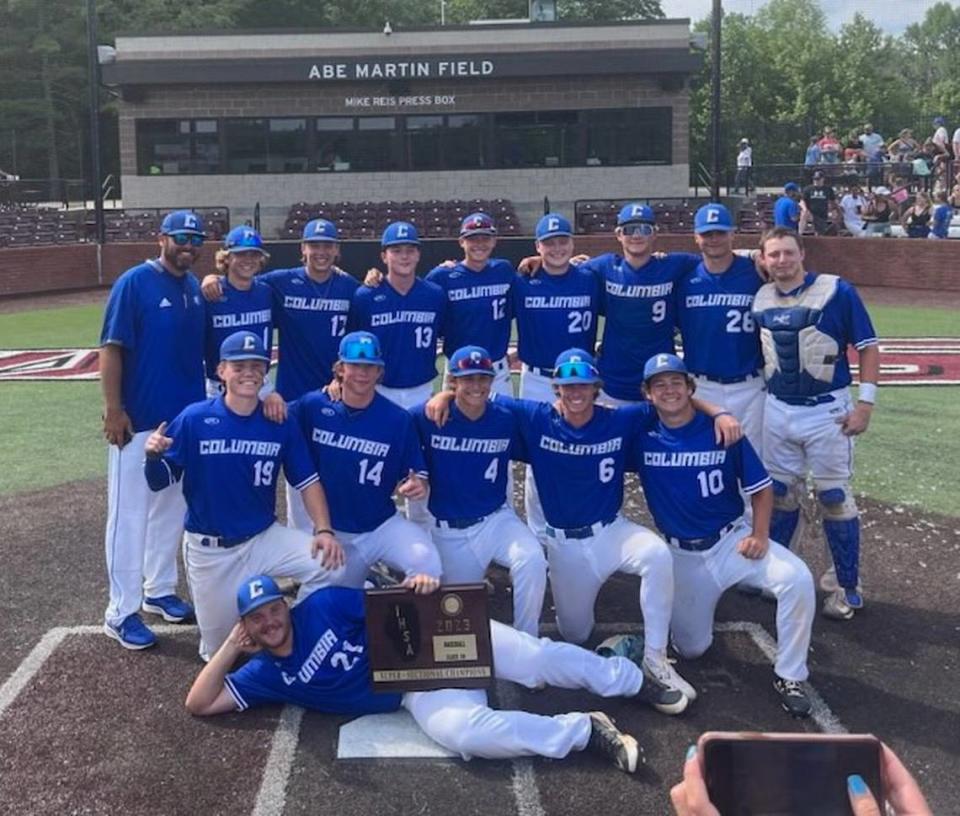 The Columbia baseball team poses after capturing the IHSA Class 2A Carbondale (SIU) Super-Sectional on Monday, May 29. The Eagles now open state competition at 3 p.m. Friday, June 2.