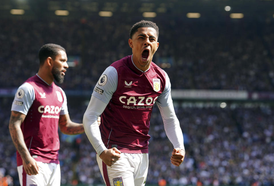 Aston Villa's Jacob Ramsey celebrates scoring their side's first goal of the game during their English Premier League soccer match against Tottenham at Villa Park, Birmingham, England, Saturday, May 13, 2023. (Jacob King/PA via AP)