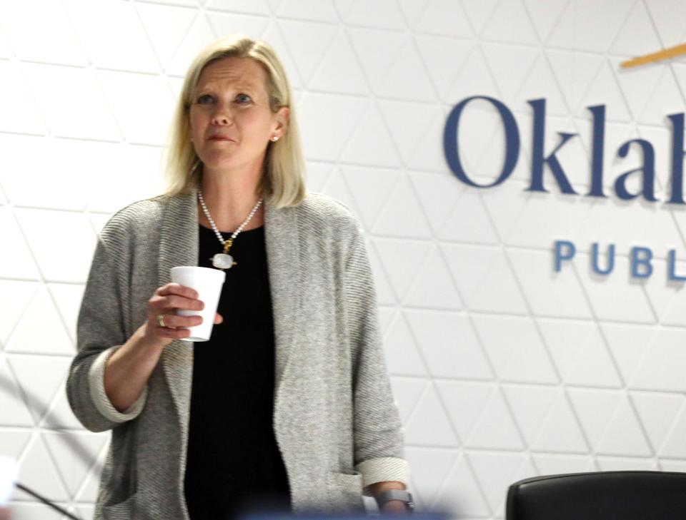 Vice Chair Lori Bowman listens Feb. 29 as the Oklahoma City Public Schools board prepares to go into executive session to consider the surprise resignation of Superintendent Sean McDaniel.