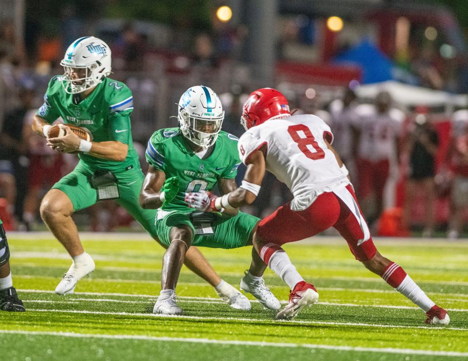 West Florida's JMarcus Stokes runs down field as UWF takes on West Alabama at Penair Field at the University of West Florida Saturday, September 21, 2024.