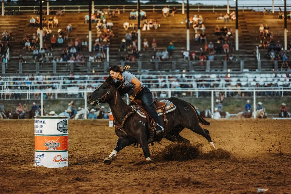 Heidi Burger puts up the 2nd fastest time of the night during the Sr. Women's Barrel Race last week at the Cavalcade Rodeo in Pawhuska.