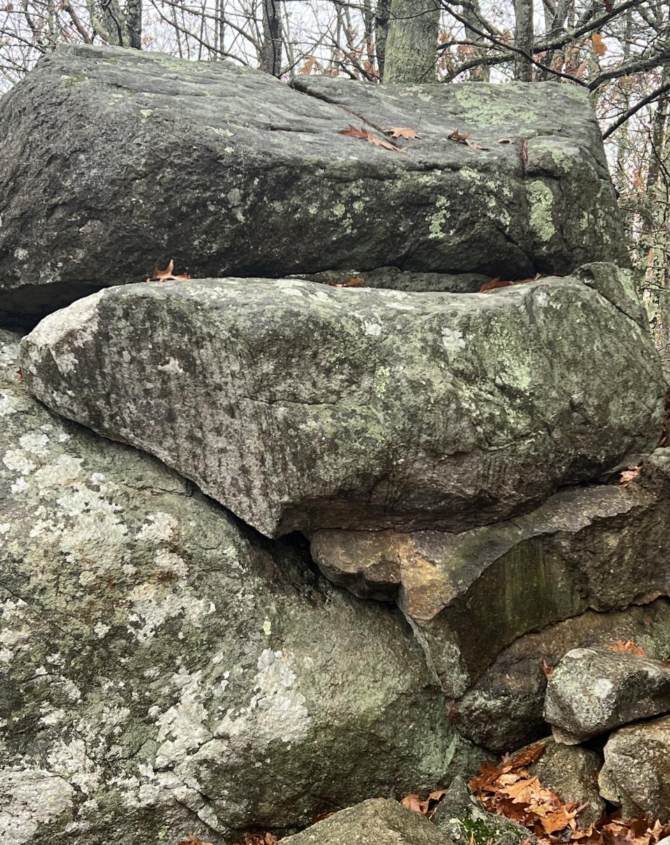 Rocks with lichen at Orris Falls Preserve in South Berwick, Maine.