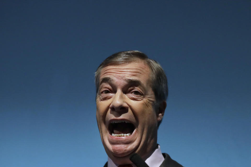 Nigel Farage, Leader of Britain's Brexit Party speaks on stage at the launch of their policies for the General Election campaign, in London, Friday, Nov. 22, 2019. Britain goes to the polls on Dec. 12. (AP Photo/Kirsty Wigglesworth)