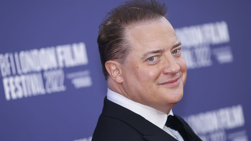 Brendan Fraser poses for photographers at the premiere of “The Whale” during the 2022 London Film Festival in London.