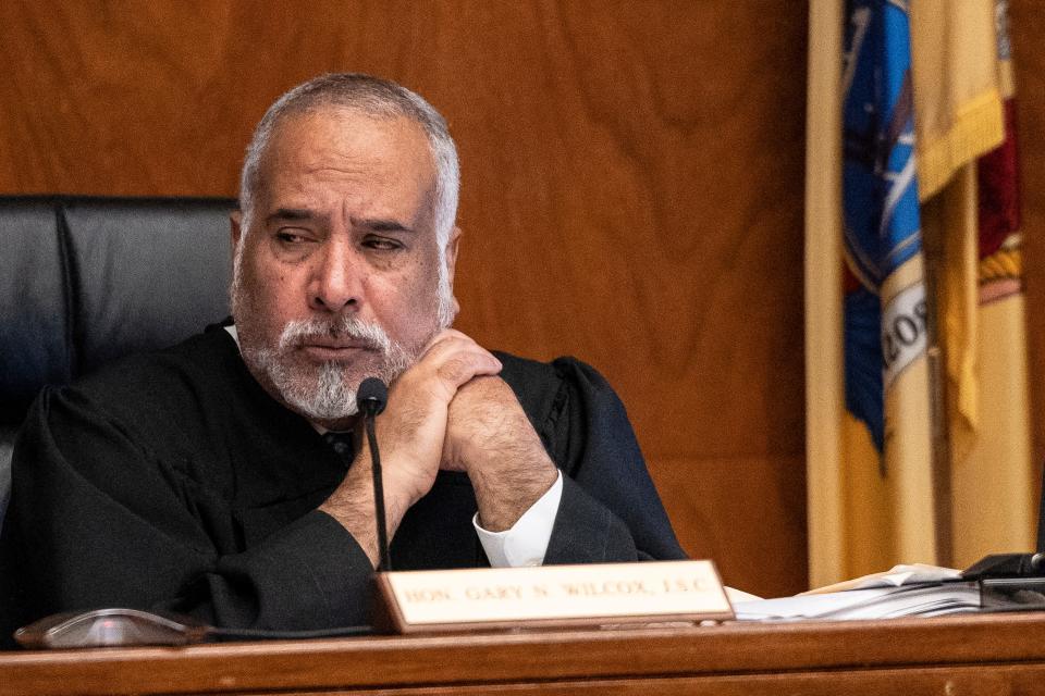 Judge Gary Wilcox oversees the Randy Manning trial at Bergen County Courthouse on Wednesday, May 11, 2023. Manning is on trial and accused of shooting Rhian "Kampane" Stoute and setting his body on fire in a vacant house in Englewood in August 2011.