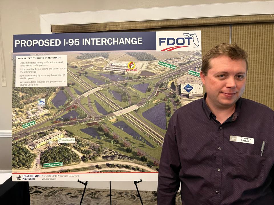 Steven Buck, a project development administrator with the Florida Department of Transportation, stands in front of a rendering of a proposed new interchange to replace the existing one at Interstate 95 and LPGA Boulevard at an open house at the clubhouse at LPGA International in Daytona Beach recently.