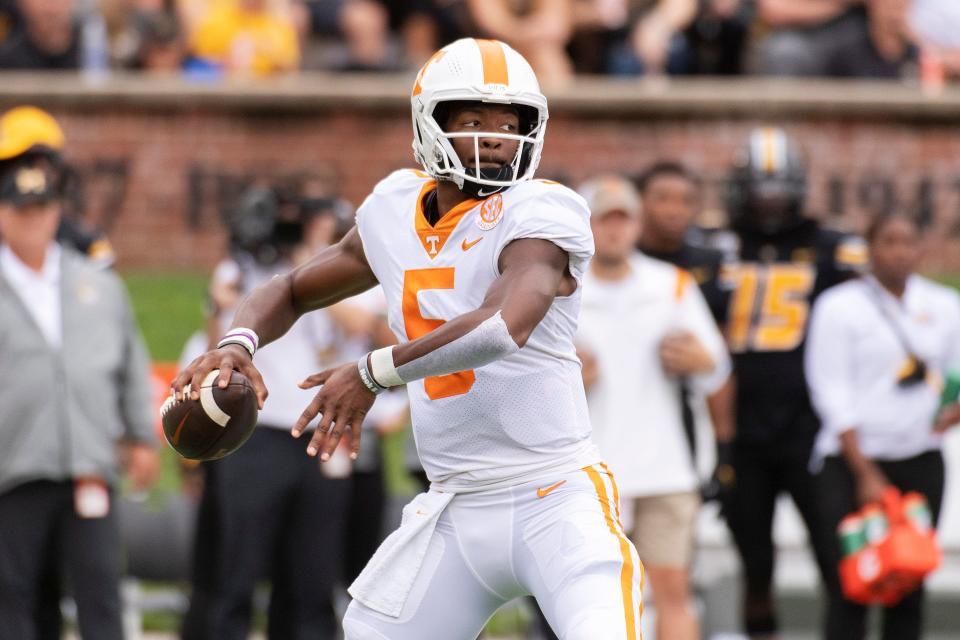 Tennessee quarterback Hendon Hooker throws a pass during the first half against Missouri Saturday, Oct. 2, 2021, in Columbia, Mo.