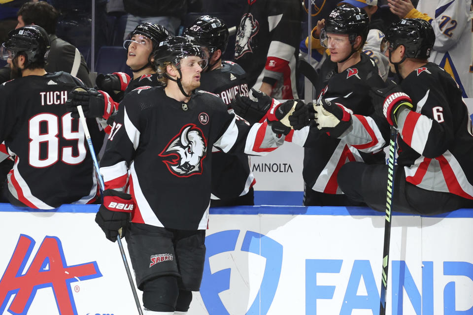 Buffalo Sabres center Casey Mittelstadt (37) celebrates his goal during the second period of an NHL hockey game against the Colorado Avalanche, Sunday, Oct. 29, 2023, in Buffalo, N.Y. (AP Photo/Jeffrey T. Barnes)