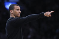 Boston Celtics head coach Joe Mazzulla calls to his players during the first half of Game 5 of an NBA basketball first-round playoff series against the Miami Heat, Wednesday, May 1, 2024, in Boston. (AP Photo/Charles Krupa)