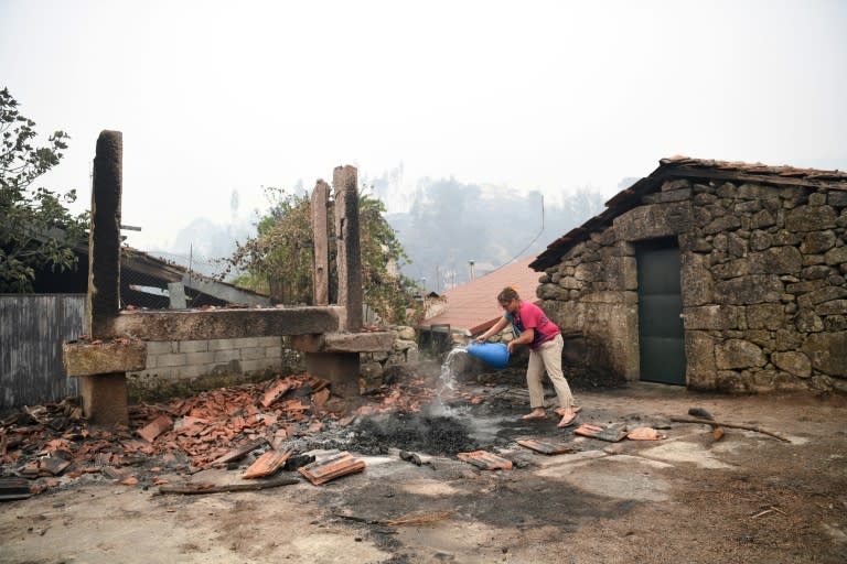 A woman pours water over a burnt area in her village in central Portugal which was devastated by deadly wildfires