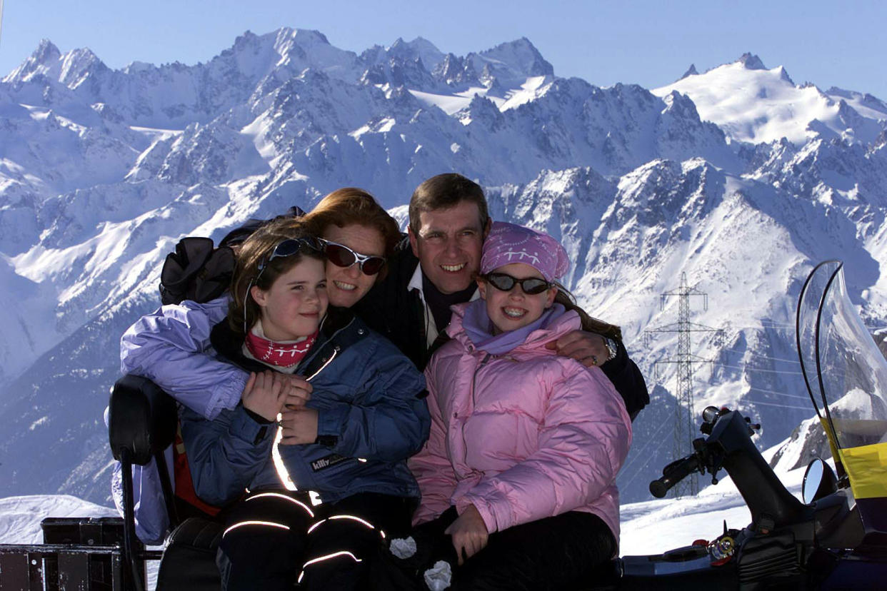 The Duke and Duchess of York with their daughters Princess Eugenie (left) and Princess Beatrice (right) during a skiing holiday in the Swiss Alps. The Duke and Duchess were celebrating Princess Eugenie passing her Common Entrance Examination.   *  Ten-year-old Eugenie's exam success means she will now enrol at a private school near Windsor Castle. The divorced Duke and Duchess were reunited at their favourite Swiss Alpine resort and posed for photographs with Beatrice and Eugenie who is 11 next month. 