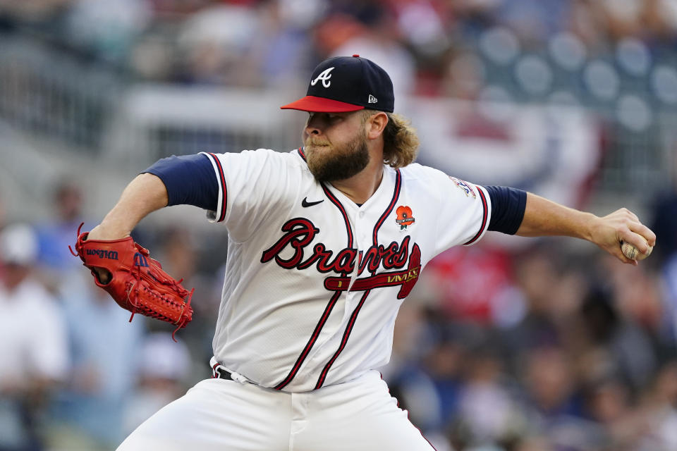 Atlanta Braves relief pitch A.J. Minter works against the Washington Nationals in the seventh inning of a baseball game Monday, May 31, 2021, in Atlanta. (AP Photo/John Bazemore)