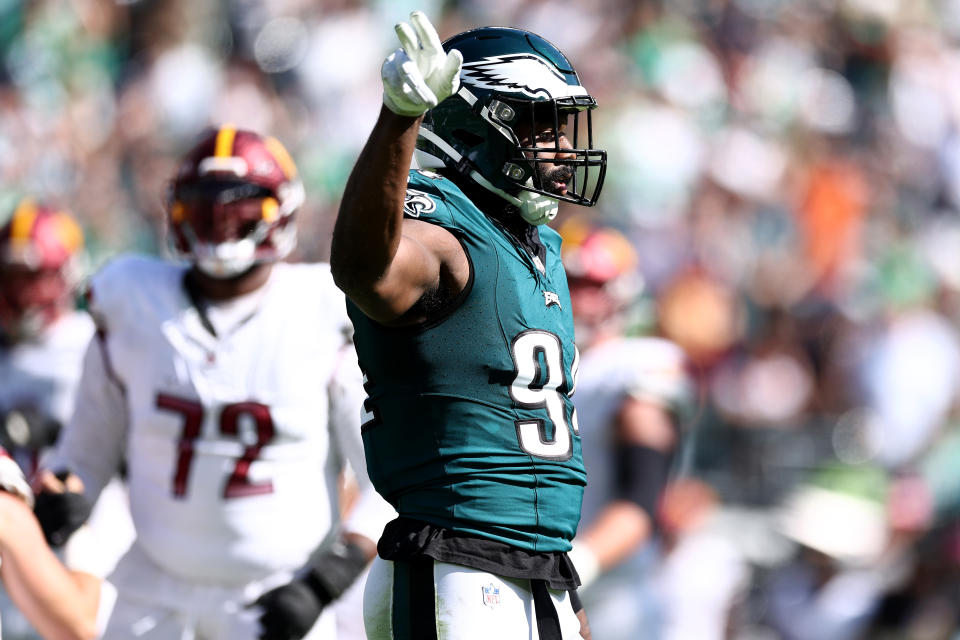 PHILADELPHIA, PENNSYLVANIA – OCTOBER 01: Josh Sweat #94 of the Philadelphia Eagles celebrates a tackle against the Washington Commanders during the second quarter at Lincoln Financial Field on October 01, 2023 in Philadelphia, Pennsylvania. (Photo by Tim Nwachukwu/Getty Images)