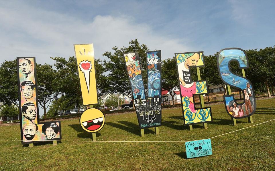 "Black Lives Do Matter" installation by Wilmington artist Greyson Davis/Haji P/HP Fangs, along Third Street by the Isabel Holmes Bridge.