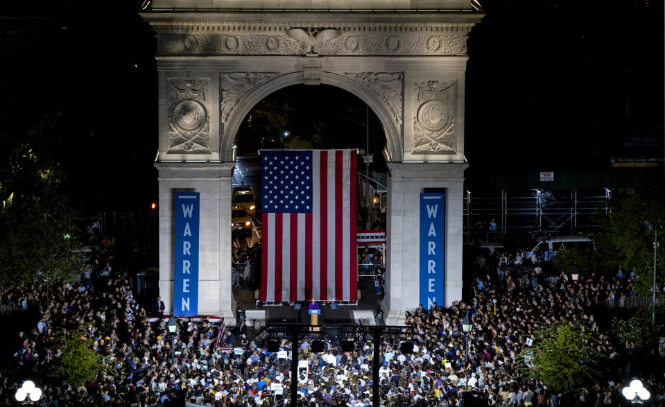 Democratic presidential candidate U.S. Sen. Elizabeth Warren addresses supporters at a rally at Washington Square Park, Monday, Sept. 16, 2019, in New York. (AP Photo/Craig Ruttle)