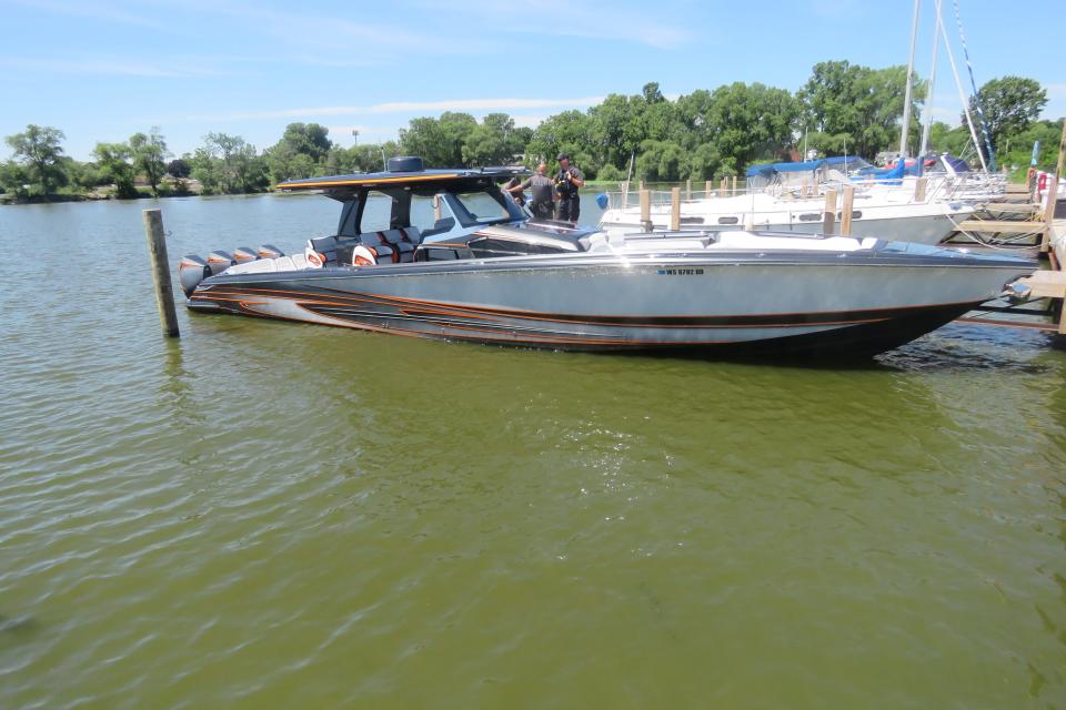 Authorities say this powerboat collided with a paddleboat July 9 on the Fox River in Oshkosh.