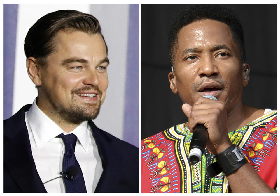 FILE - In this combination of file photos, Leonardo DiCaprio, left, appears at an event to discuss climate change at the White House in Washington on Oct. 3, 2016, and Q-Tip, from A Tribe Called Quest, performs at the Wireless Festival in London on July 14, 2013. Longtime friends DiCaprio and Q-Tip hung out at an intimate showcase for the Australian band Chase Atlantic who made their debut in New York late Wednesday, March 29, 2017. (AP Photo/Carolyn Kaster, left, Jonathan Short, Files)