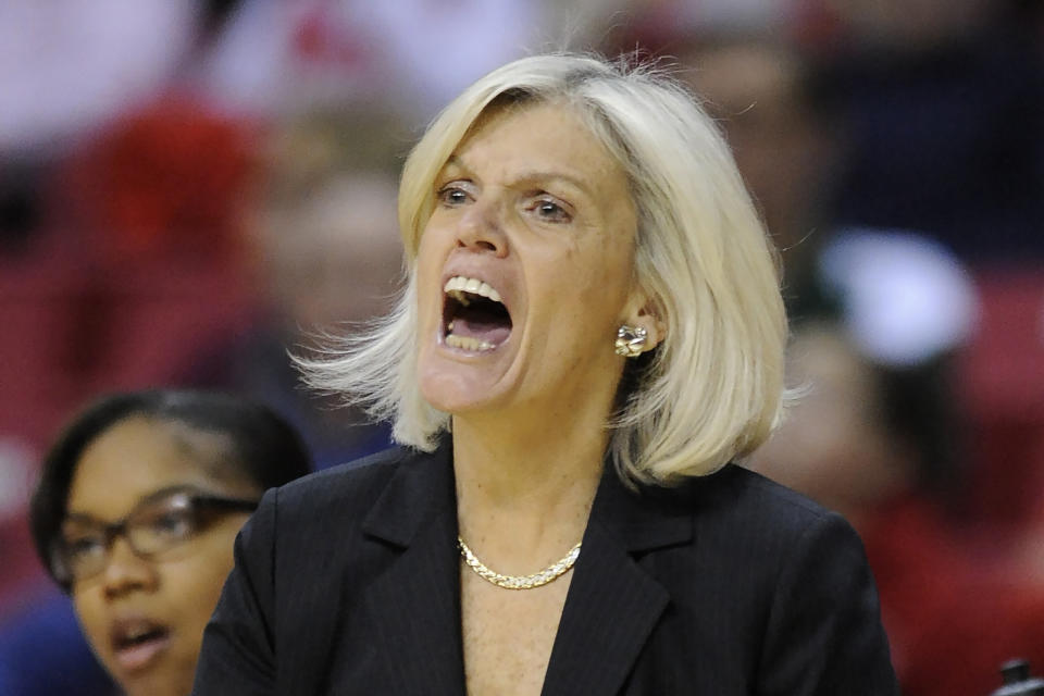 FILE - Then-Lafayette's coach Dianne Nolan reacts to her team in the first half of an NCAA college basketball game against Maryland Wednesday, Dec. 28, 2011, in College Park, Md. Nolan, Jim Larranaga, Lon Kruger and Fran Dunphy are this year's recipients of the Joe Lapchick Character Award. (AP Photo/Gail Burton, File)